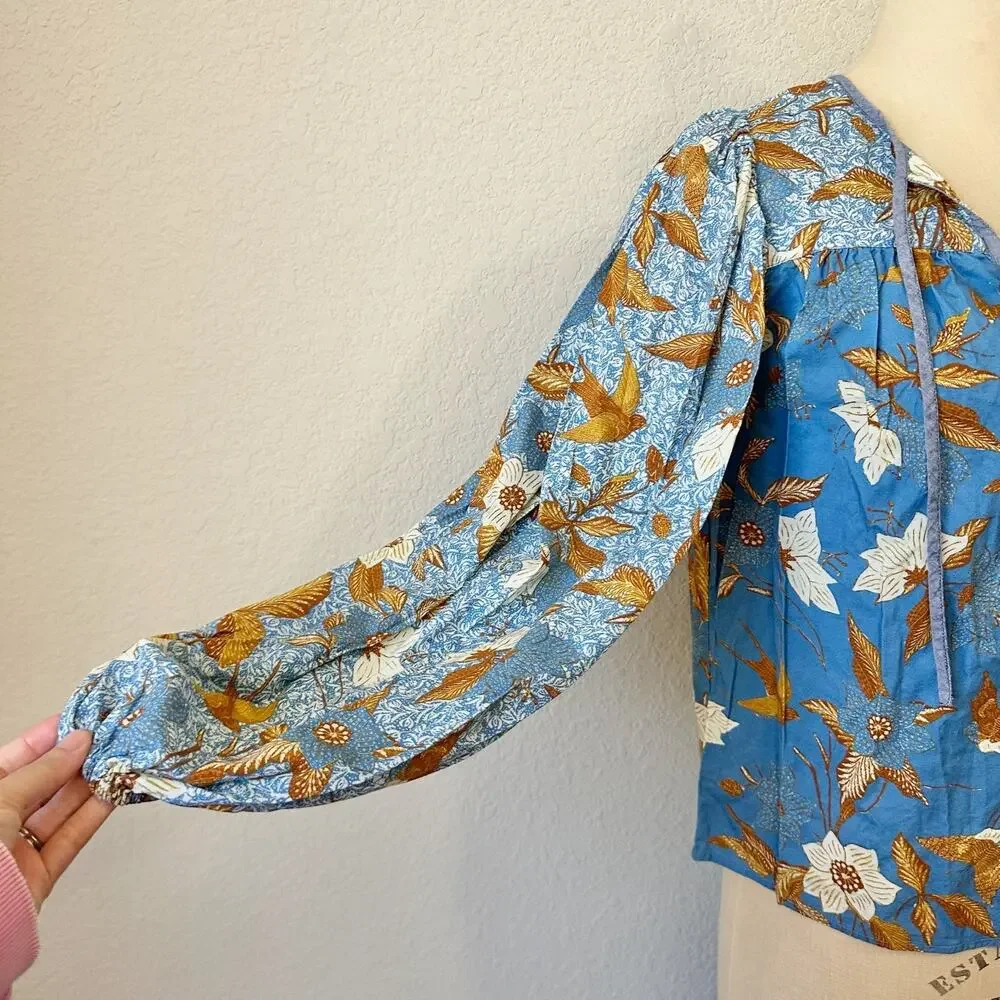 ULLA JOHNSON Joanie Blouse Lapis Blue Floral Puff Long Sleeve Boho